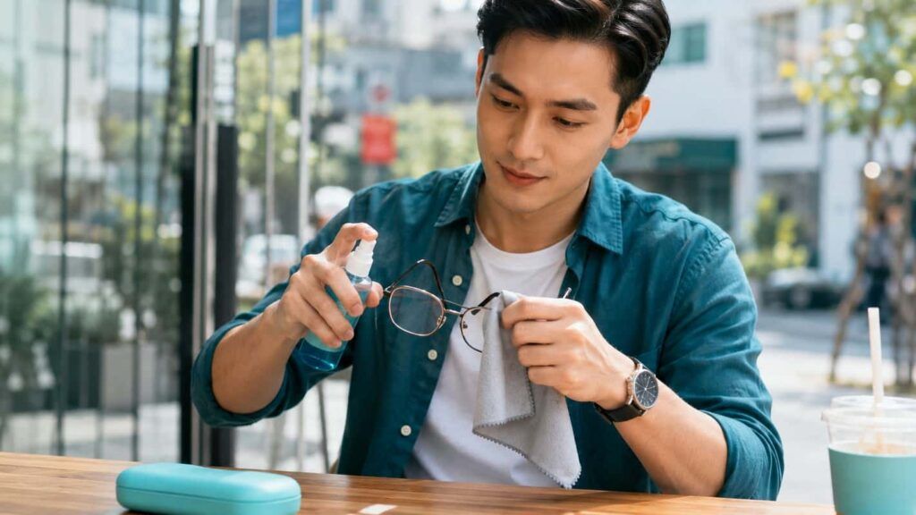 Vệ sinh kính khi ở ngoài bằng dung dịch lau kính chuyên dụng và khăn microfiber