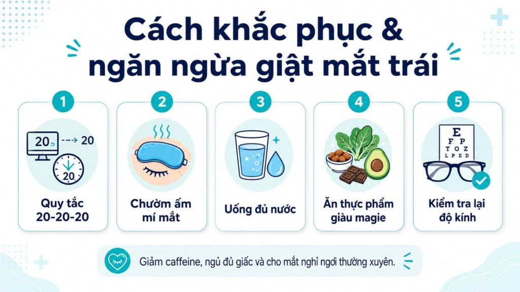 Cách khắc phục giật mắt trái bằng nghỉ mắt, chườm ấm, uống đủ nước và kiểm tra độ kính