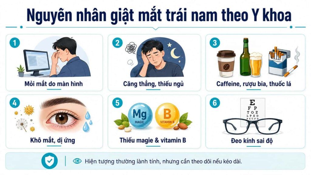 Các nguyên nhân giật mắt trái nam gồm mỏi mắt, thiếu ngủ, caffeine, khô mắt và đeo kính sai độ