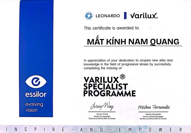 Chứng Nhận đào Tạo đa Tròng Essilor